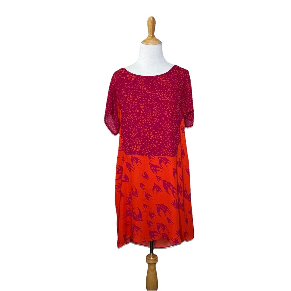 Maria Filó Red Pink Tank Dress W Short Sleeve Pull over Size Medium Birds Print